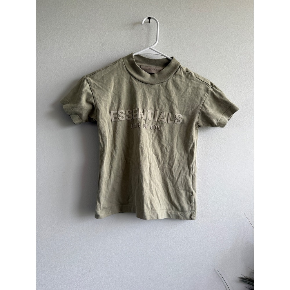 Fear of God Essentials Kids Sage Green Mock Neck Logo T-Shirt Size 6/7